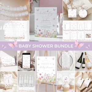 Peut inclure: Un ensemble de fête de baby shower sur le thème du papillon. L'ensemble comprend une pancarte de bienvenue, des invitations, des étiquettes pour bouteilles d'eau, des décorations pour cupcakes, des étiquettes de faveur et des jeux. Le design présente des papillons, des fleurs et de la verdure aquarelle dans des tons de rose, de violet et de vert.
