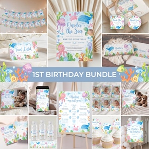 May include: A collection of watercolor-style party supplies with an "Under the Sea" theme. Includes invitations, banners, thank you cards, food labels, and a milestone chart. The color palette features blues, pinks, and greens, with illustrations of sea creatures.