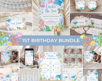 Oneder The Sea 1st Birthday Bundle | Ocean Animals Birthday Invitation Set | Under The Sea Birthday Decor | Nautical Birthday Package | BD9