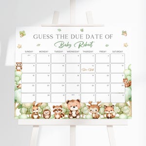 Woodland Baby Shower Due Date Calendar | Woodland Animals Baby Shower Calendar Sign | Editable Greenery Forest Baby Shower Decor | BS22