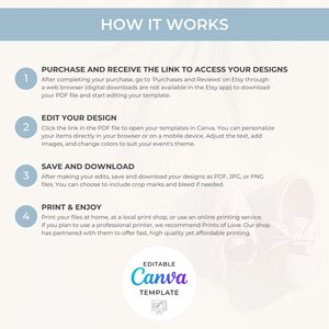 May include: A how-to guide for using Canva to edit and print digital designs. The guide includes four steps: purchase and receive the link, edit your design, save and download, and print and enjoy. The guide also mentions that the designs are editable in Canva and can be printed at home, at a local print shop, or using an online printing service.