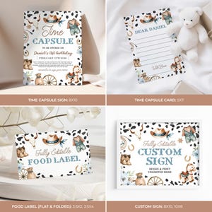 May include: A collection of cowboy-themed party stationery, including a time capsule sign, a time capsule card, a food label, and a custom sign. The designs feature cowboy hats, horses, and denim overalls. The signs are 8x10 inches, 5x7 inches, and 3.5x2 inches.