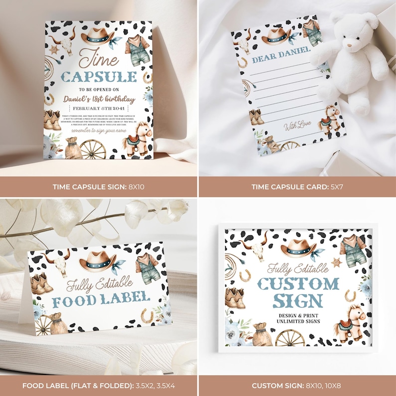 May include: A collection of cowboy-themed party stationery, including a time capsule sign, a time capsule card, a food label, and a custom sign. The designs feature cowboy hats, horses, and denim overalls. The signs are 8x10 inches, 5x7 inches, and 3.5x2 inches.