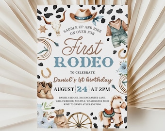 Bearbeitbar Erste Rodeo-Geburtstagseinladung | Cowboy Western 1.Geburtstags-Einladung | Wilder Westen Geburtstag einladen | Cowboy-Geburtstags-Evite | BD20