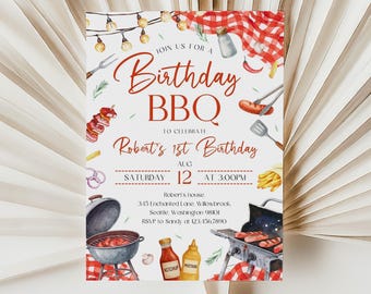 BBQ 1st Birthday Invitation | Backyard Grill Birthday Invite | Editable Barbecue Birthday Invitation | Red Picnic Birthday Invitation | BD41