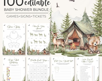 May include: A baby shower bundle with 100 editable items, including games, signs, and tickets. The design features a camping theme with a tent, a deer, a bear, and forest elements. The bundle includes games like "Draw Baby" and "Name the Baby Animal".