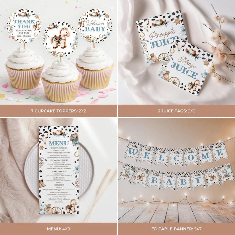 May include: A collection of baby shower decorations with a cowboy theme. Includes cupcake toppers, juice tags, a menu, and a banner. The color scheme is primarily white, brown, and blue, with illustrations of horses and cowboy hats. The banner reads "Welcome Baby".