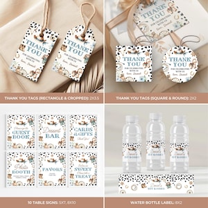 May include: A collection of party supplies with a cowboy theme. Includes rectangular and round thank you tags, table signs, and water bottle labels. The designs feature a cowboy hat, horseshoe, and the text "Thank You" and "Daniel's 1st Rodeo."