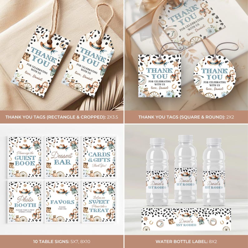 May include: A collection of party supplies with a cowboy theme. Includes rectangular and round thank you tags, table signs, and water bottle labels. The designs feature a cowboy hat, horseshoe, and the text "Thank You" and "Daniel's 1st Rodeo."
