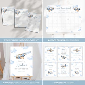 May include: A set of printable baby shower decorations with a blue and white airplane theme. The set includes a welcome sign, table signs, advice, wishes, and predictions cards, and a due date calendar. The welcome sign features a blue airplane with a banner that says "Welcome to Amelia's Baby Shower". The table signs feature different airplane-themed designs, such as "Welcome Aboard", "Raffle", "Baggage Drop-Off", "Ticketing Time", "Books for Baby", and "Refreshment Station". The advice, wishes, and predictions cards are all blue and white with a cute airplane design. The due date calendar is a blue and white calendar with a cute airplane design.