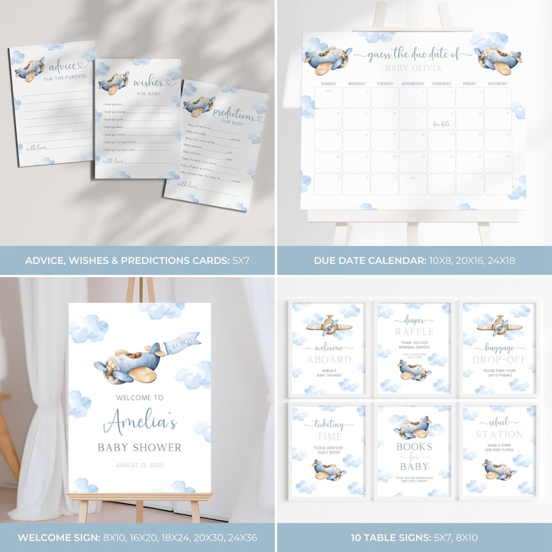 May include: A set of printable baby shower decorations with a blue and white airplane theme. The set includes a welcome sign, table signs, advice, wishes, and predictions cards, and a due date calendar. The welcome sign features a blue airplane with a banner that says "Welcome to Amelia's Baby Shower". The table signs feature different airplane-themed designs, such as "Welcome Aboard", "Raffle", "Baggage Drop-Off", "Ticketing Time", "Books for Baby", and "Refreshment Station". The advice, wishes, and predictions cards are all blue and white with a cute airplane design. The due date calendar is a blue and white calendar with a cute airplane design.