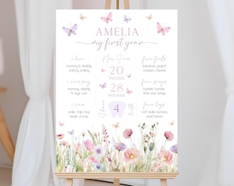 Butterfly 1st Birthday Milestone Sign | Pink Wildflower Milestone Poster | Girl Butterfly Party Decor | Editable Floral Birthday Board | BD7