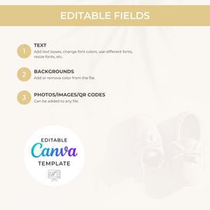 May include: A light beige Canva template design with the text "EDITABLE FIELDS" at the top. The template includes instructions for adding text, backgrounds, and photos/QR codes. A pair of baby shoes is in the bottom right corner.