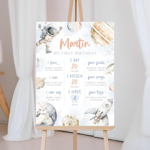 Puede incluir: Un letrero de cumpleaños personalizado sobre un caballete, con una ilustración de astronauta y el nombre "Martin". El letrero incluye detalles sobre la edad del niño, su peso (12,7 kg) y sus cosas favoritas, con un diseño temático espacial.
