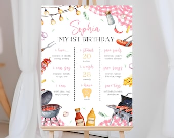 BBQ 1st Birthday Milestone Sign | Backyard Grill Birthday Milestone Poster | Barbecue Birthday Decor | Pink Picnic Milestone Board | BD42