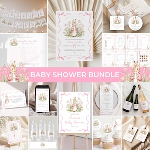 Peter Rabbit Baby Shower Bundle | Flopsy Bunny Baby Shower Invite Set | Pink Bow Bunny Baby Shower Decor | Girl Baby Shower Game Pack | BS33