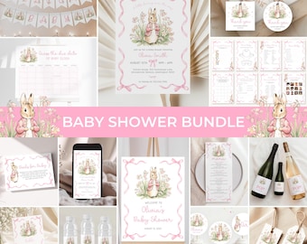 Peter Rabbit Baby Shower Bundle | Flopsy Bunny Baby Shower Invite Set | Pink Bow Bunny Baby Shower Decor | Girl Baby Shower Game Pack | BS33