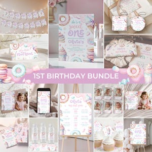 May include: A collection of pastel-colored party supplies for a first birthday celebration. The set includes invitations, banners, water bottle labels, and thank you tags, all featuring donuts, ice cream, and the text "She's a sweet one."