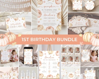 May include: A collection of party decorations and stationery with a pumpkin theme. Includes banners, invitations, food labels, thank you cards, and a sign that reads "Amelia's First Birthday". The color palette is soft, with orange, cream, and gold accents.