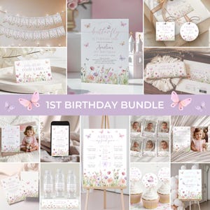 Pacote de convites de aniversário de 1 ano de borboleta | Pacote de convites de aniversário floral | Decoração de festa de borboleta para meninas | Conjunto de convites de aniversário de flores silvestres | BD7