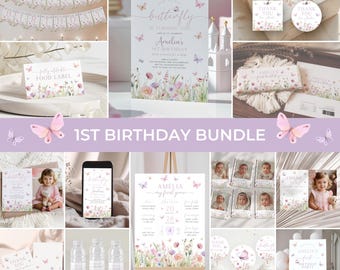 Butterfly 1st Birthday Invitation Bundle | Floral Birthday Invite Pack | Girl Butterfly Party Decor | Wildflower Birthday Invite Set | BD7