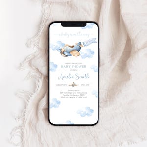 Airplane Baby Shower Electronic Invitation | Vintage Travel Baby Shower Mobile Invite | Up Up and Away Blue Airplane Baby Shower Evite | BS4