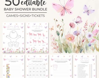 May include: A set of 50 printable baby shower games, signs, and tickets. The design features a watercolor floral theme with butterflies and the text "50 editable Baby Shower Bundle Games+Signs+Tickets".