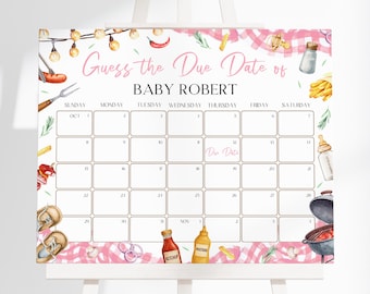 BBQ Baby Shower Calendar Sign | Baby-Q Baby Shower Due Date Calendar | Backyard Grill Baby Shower Decor | Pink Barbecue Calendar Sign | BS42