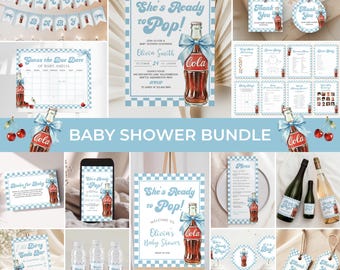 She's Ready to Pop Baby Shower Bundle | Blue Gingham Cola Baby Shower Invite Set | Soda Baby Shower Decor | Boy Bow Soda Game Pack | BS53