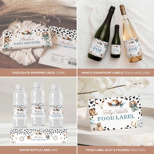 May include: A collection of baby shower decorations with a western theme. Includes chocolate wrappers, wine and champagne labels, water bottle labels, and food labels. Designs feature cowhide patterns, cowboy boots, and the text "Amelia's BABY SHOWER."
