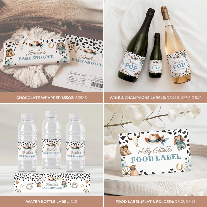 May include: A collection of baby shower decorations with a western theme. Includes chocolate wrappers, wine and champagne labels, water bottle labels, and food labels. Designs feature cowhide patterns, cowboy boots, and the text "Amelia's BABY SHOWER."