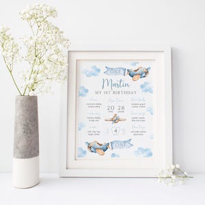 Puede incluir: Un cartel de primer cumplea&ntilde;os imprimible azul y blanco con un dise&ntilde;o de avi&oacute;n de acuarela. El cartel dice "One Martin My 1st Birthday" e incluye detalles sobre el crecimiento del ni&ntilde;o, sus comidas favoritas y las cosas que le encanta hacer.