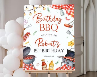 BBQ 1st Birthday Welcome Sign | Backyard Grill Birthday Welcome Poster | Barbecue Birthday Decor | Red Picnic Birthday Welcome Board | BD41