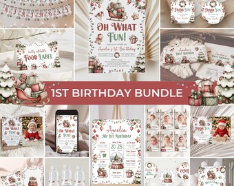 May include: A festive collection of party supplies with a Christmas theme, including banners, invitations, and cupcake toppers. The designs feature illustrations of a sleigh, teddy bears, and Christmas trees. The text "Oh What Fun!" and "Amelia's 1st Birthday" are visible.