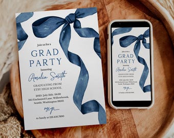 Blue Bow Graduation Invitation Template, Class 2025 Graduate, Modern Graduation Party Invite, High School Graduation Announcement