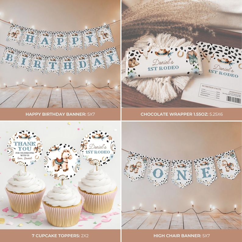 May include: A collection of party decorations with a cowboy theme. Includes a "Happy Birthday" banner, chocolate wrappers, cupcake toppers, and a "One" high chair banner. Designs feature cowboy hats, horseshoes, and a cowhide pattern.