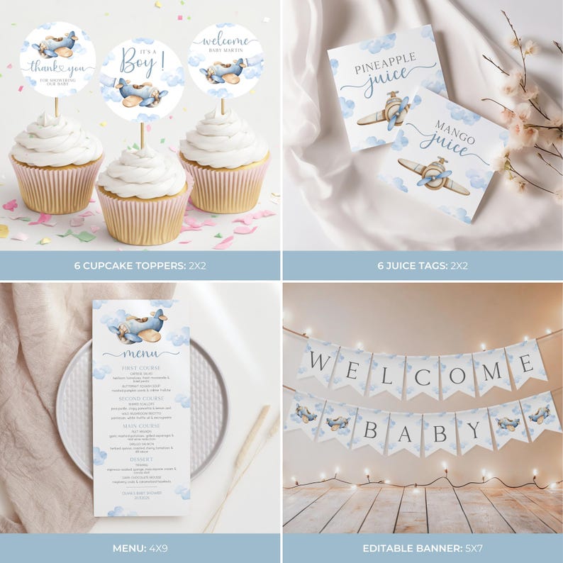 May include: A set of printable baby shower party decorations featuring a blue airplane theme. The set includes cupcake toppers, juice tags, a menu, and a welcome banner. The decorations are perfect for a baby shower or a gender reveal party.