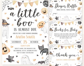 May include: Halloween-themed baby shower invitation and inserts. The invitation features the text "a little boo is almost due" with a ghost, pumpkin, and spiderweb design. Inserts include a diaper raffle, books for baby, and thank you cards.