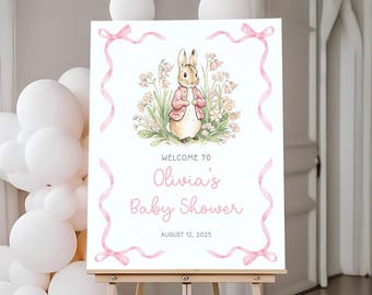 Peter Rabbit Baby Shower Welcome Sign | Flopsy Bunny Baby Shower Welcome Poster | Pink Bow Girl Baby Shower Decor | Editable Template | BS33