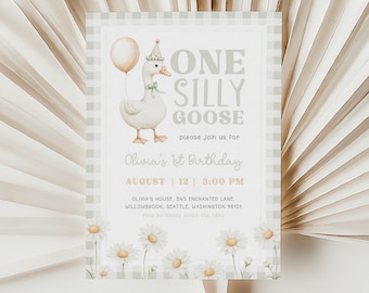 May include: A light green and white gingham-patterned invitation card with a watercolor illustration of a goose wearing a party hat and holding a balloon. The text reads "ONE SILLY GOOSE" and invites guests to Olivia's 1st Birthday.