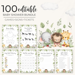 Greenery Safari Jungle Baby Shower Game Bundle | Wild One Baby Shower Game Package | Editable Zoo Animals Baby Shower Games Bundle | BS3