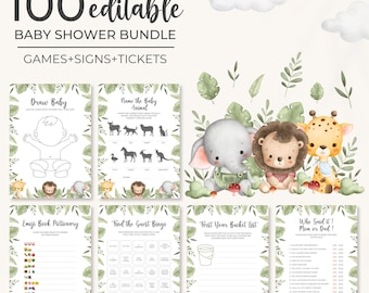 Safari Animals Baby Shower Game Bundle | Wild One Baby Shower Game Pack | Greenery Jungle Animals Shower Game Set | Editable Template | BS3