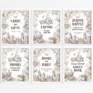 Puede incluir: Seis impresiones en acuarela enmarcadas con un tema de fantasía. Cada impresión presenta texto como "Tarjetas y regalos" y "Favores", junto con ilustraciones de libros, búhos y un castillo. La paleta de colores incluye beige, marrón y blanco.