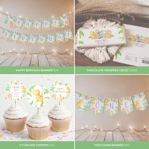 May include: A collection of party decorations with a dinosaur theme. Includes a "Happy Birthday" banner, cupcake toppers, a high chair banner, and a chocolate wrapper. The decorations feature pastel colors and dinosaur illustrations.