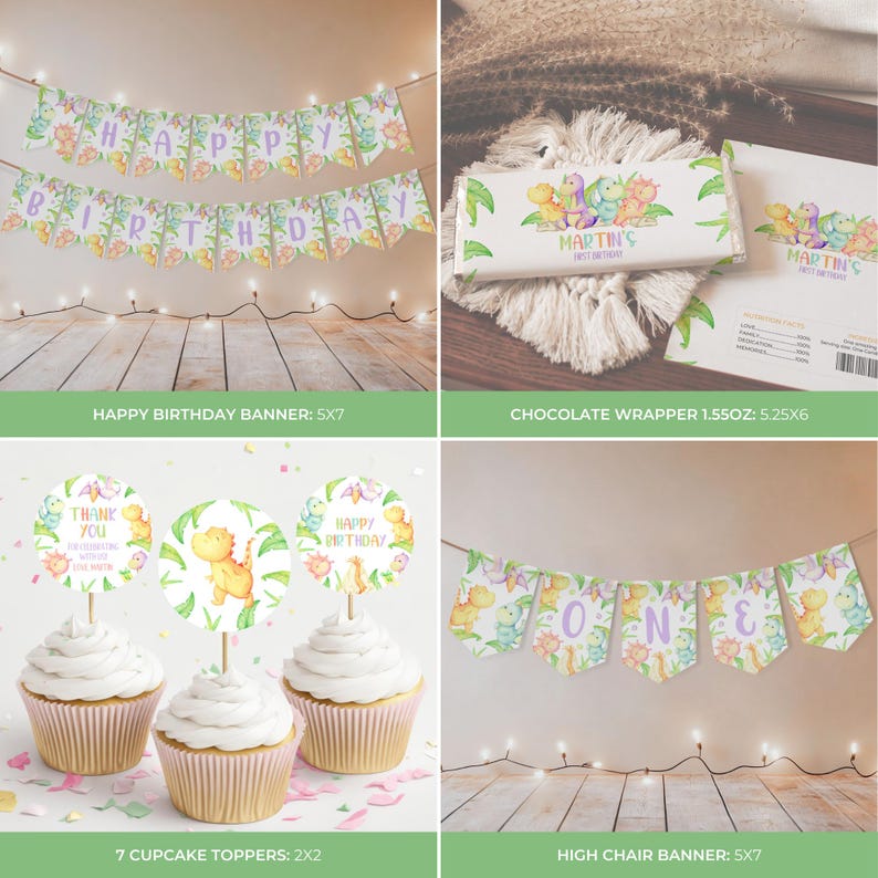 May include: A collection of party decorations with a dinosaur theme. Includes a "Happy Birthday" banner, cupcake toppers, a high chair banner, and a chocolate wrapper. The decorations feature pastel colors and dinosaur illustrations.