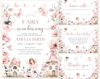 May include: A pink and white baby shower invitation with a fairy theme. The invitation features a watercolor illustration of a fairy, flowers, and mushrooms. The text on the invitation reads "A Little Fairy is on her way".