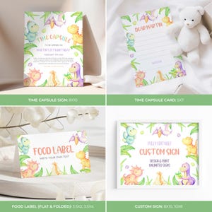 May include: A collection of dinosaur-themed party stationery. Includes a time capsule sign, a card, a food label, and a custom sign. The designs feature colorful dinosaurs and tropical foliage. The signs are 8x10 inches, 5x7 inches, and 10x8 inches.