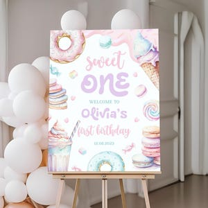 Editable Sweet One 1st Birthday Welcome Sign | Pastel Sweets Birthday Welcome Board | Dessert Donut Candy Ice Cream Birthday Decor | BD14