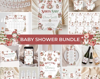 May include: A collection of baby shower decorations with a Christmas theme. Includes invitations, banners, games, table cards, cupcake toppers, and gift tags. The designs feature reindeer, snowmen, and Christmas trees.