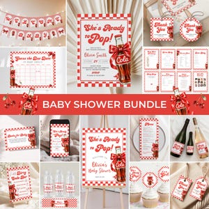May include: A baby shower bundle featuring a red and white checkered theme with soda bottle graphics. Includes invitations, banners, games, tags, and signs with text like She's Ready to Pop, Welcome Baby, and Thank You, all decorated with red bows.